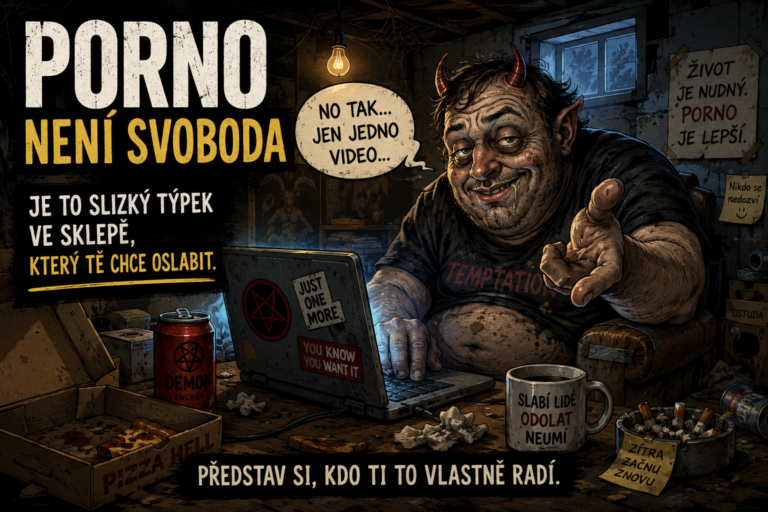 pokušení podívat se na porno, satan jako slizkej týpek ve sklepě rodičů ti říká, at si to uděláš