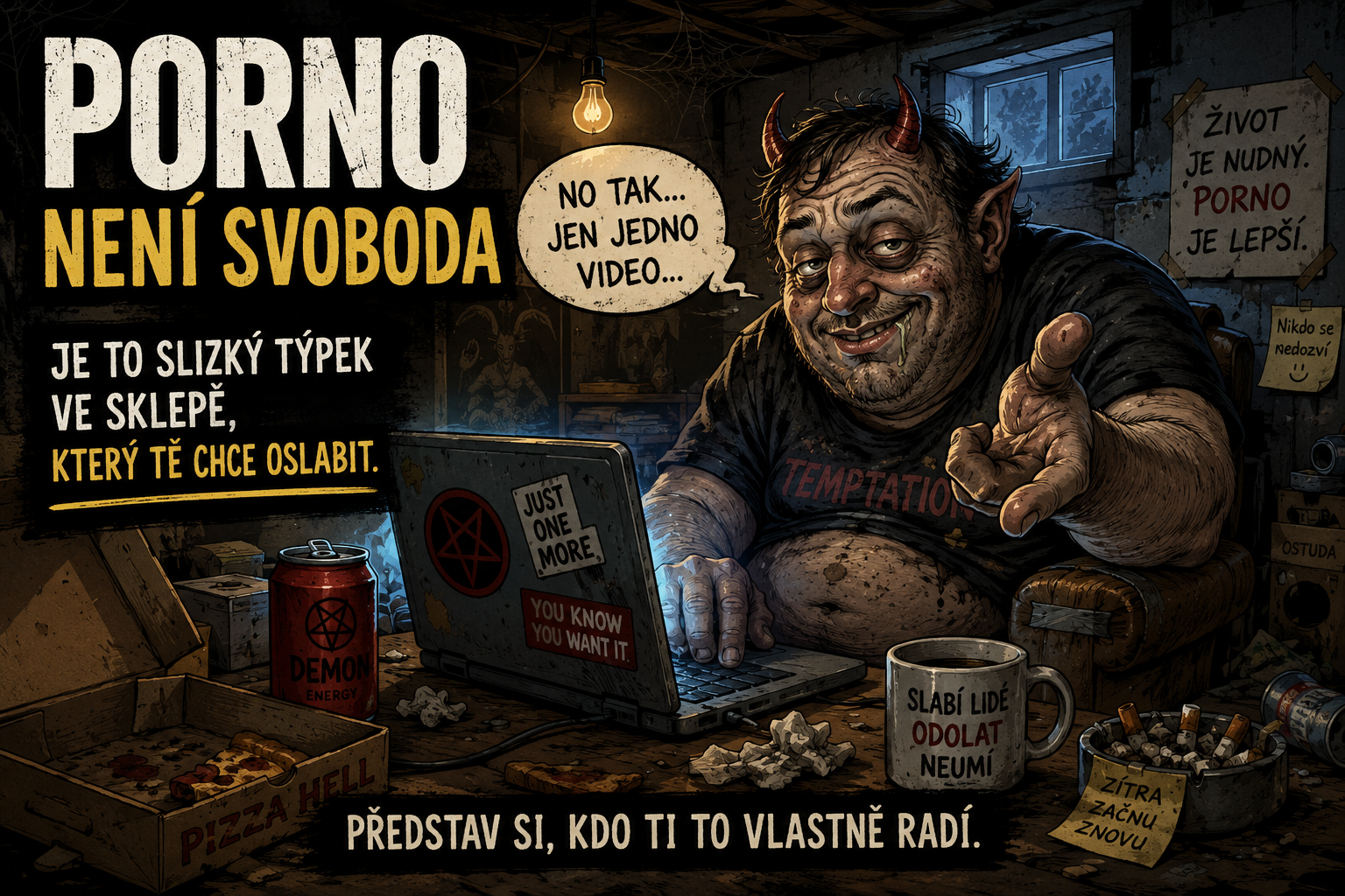 pokušení podívat se na porno, satan jako slizkej týpek ve sklepě rodičů ti říká, at si to uděláš
